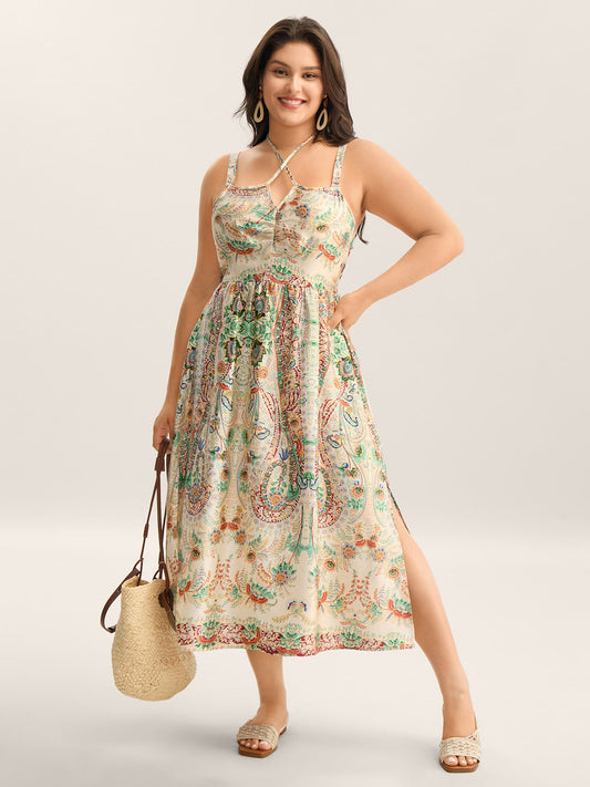 Paisley Print Halter Neck A-Line Midi Dress