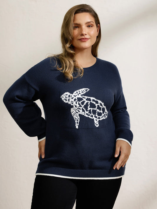 Turtle Motif Slit Contrast Edge Pullover