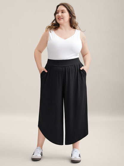 Rubber Waist Curved Hem Wide Leg Pants