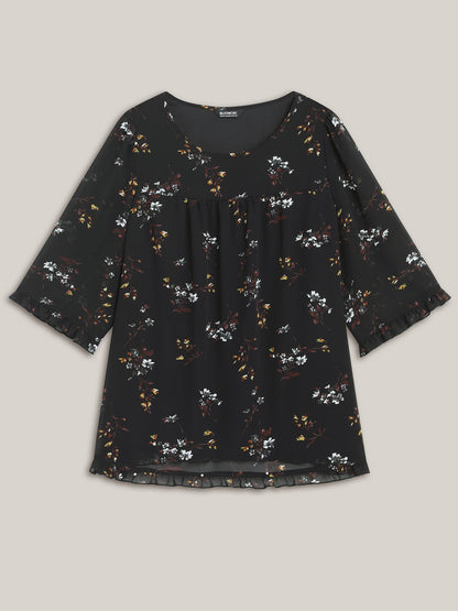 Floral Print Sheer Ruffled Trim Sleeve Shirt