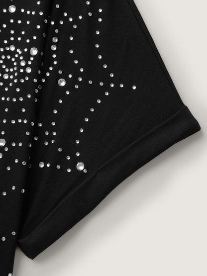 Spiderweb Rhinestone Stretchy Solid T-Shirt