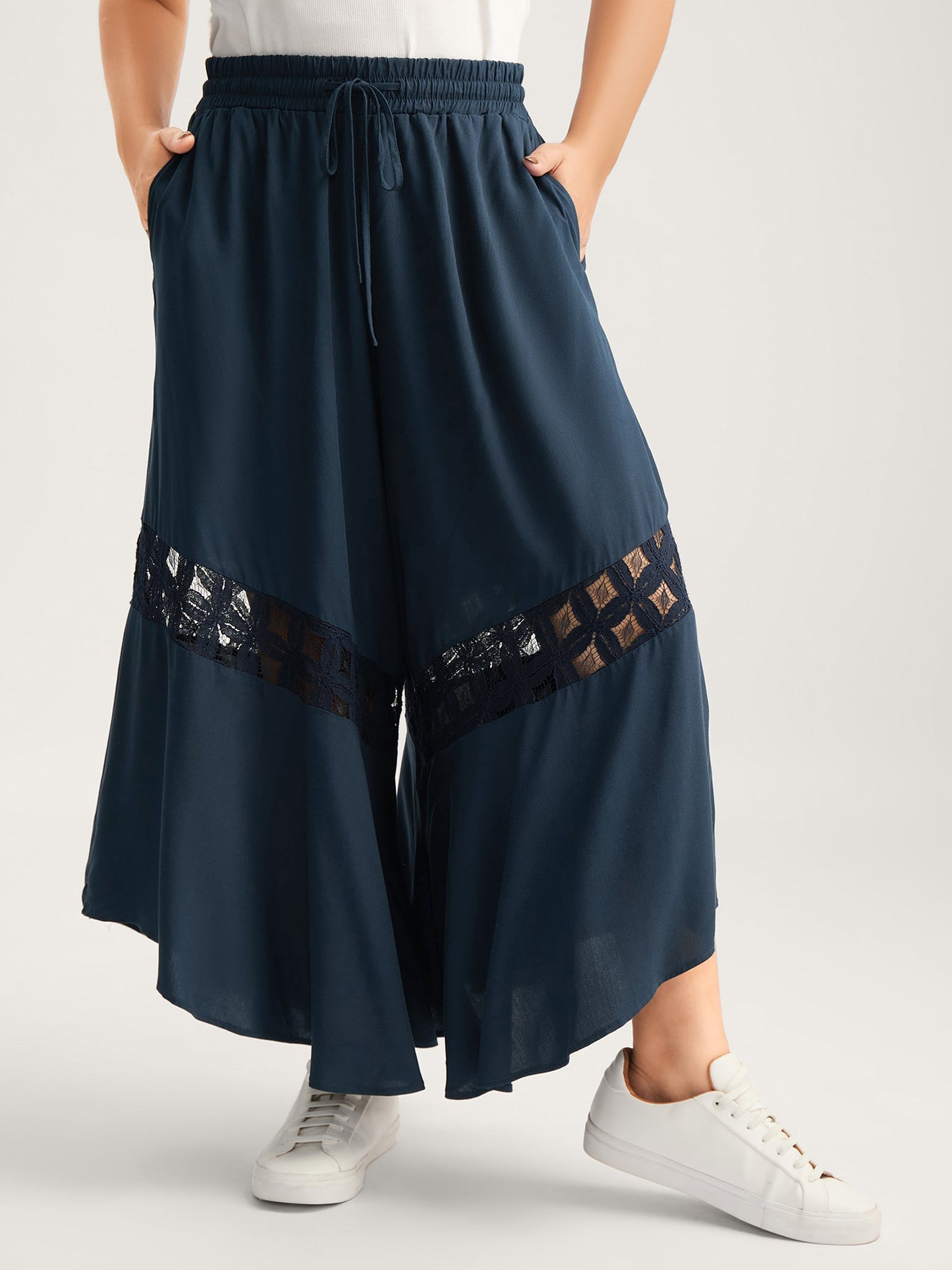 Sheer Lace Trim Flared Drawstring Pants