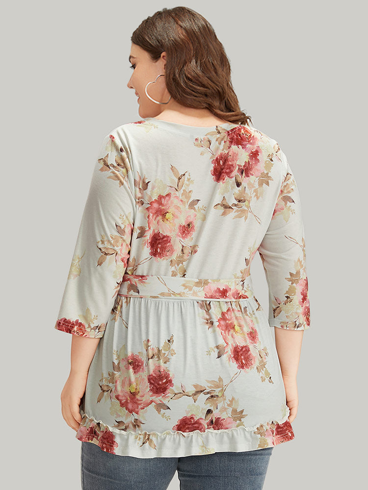 Floral Print Belted Frill Trim T-shirt