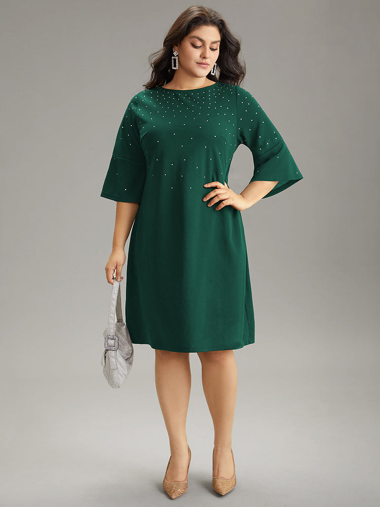Rhinestone Curved Hem Bell Sleeve Dress