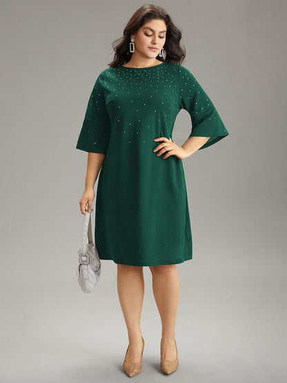 Rhinestone Curved Hem Bell Sleeve Dress