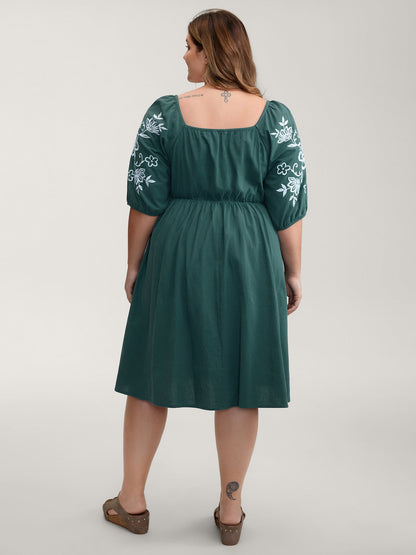 Pure Cotton Floral Embroidery Knee-Length Dress