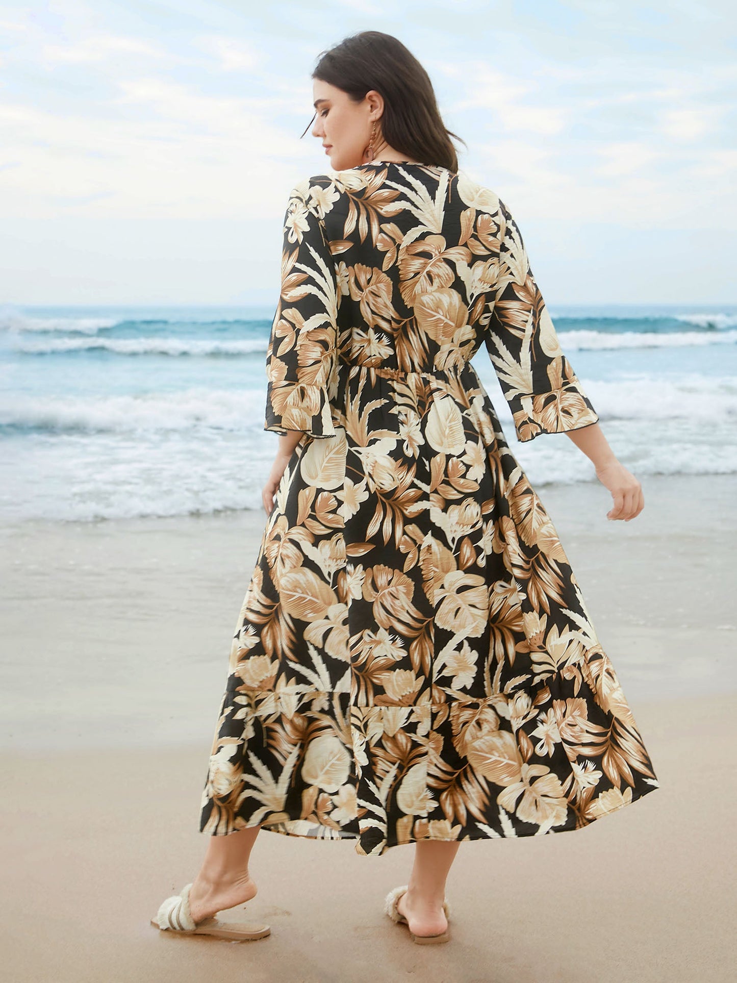 Tropical Leaf Print Neck-Tie Tiered Midi Dress