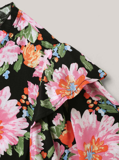Large Flower Print Layered Sleeve Shirt
