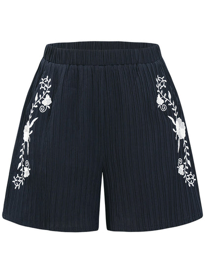 Floral Embroidered Textured Stretchy Waist Shorts