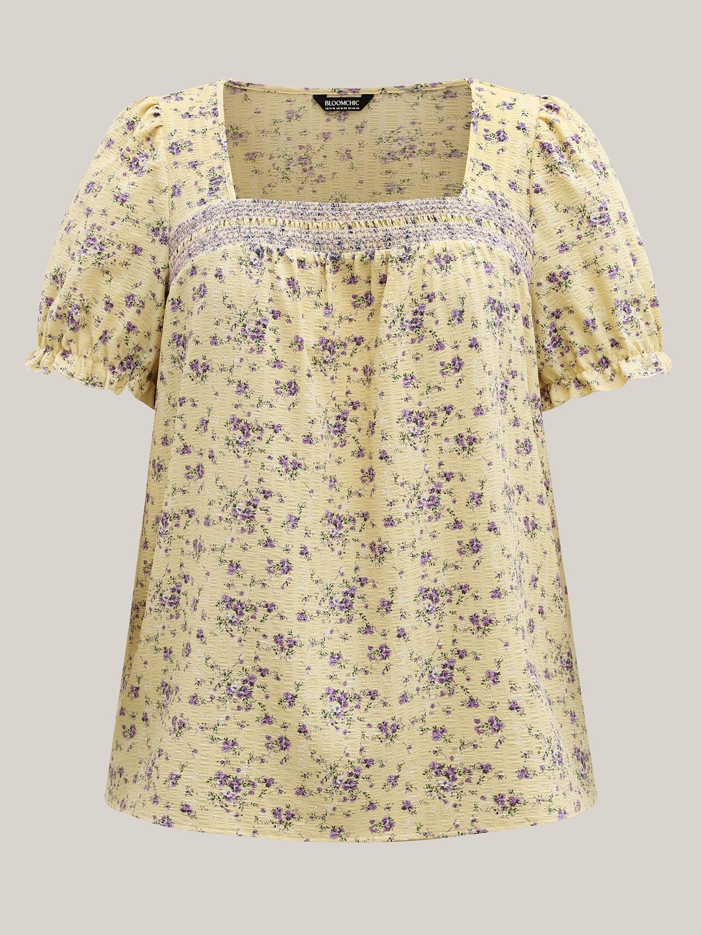 Floral Print Shirred Neck Color Contrast Blouse