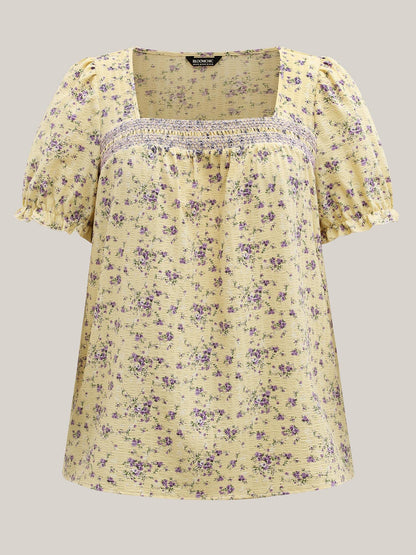Floral Print Shirred Neck Color Contrast Blouse