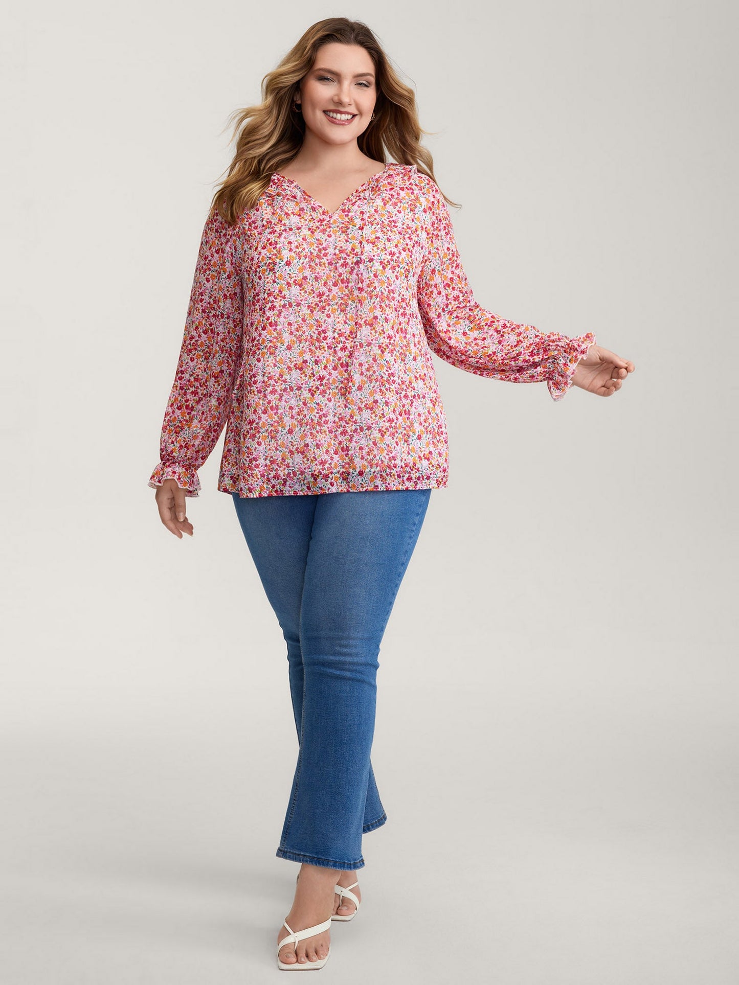 Sweet Floral Print Ruffled Neck Blouse
