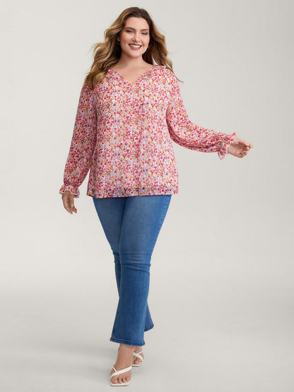 Sweet Floral Print Ruffled Neck Blouse