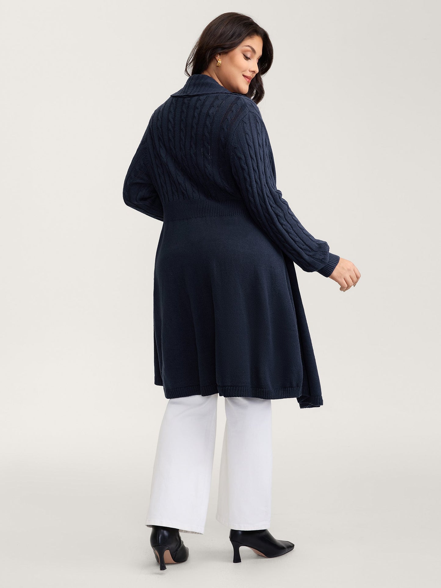 Cable Knit Cinched-Flared Waist Knit Cardigan