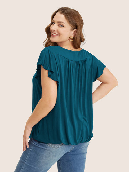 Plain Gathered V Neck Ruffle Sleeve T-shirt