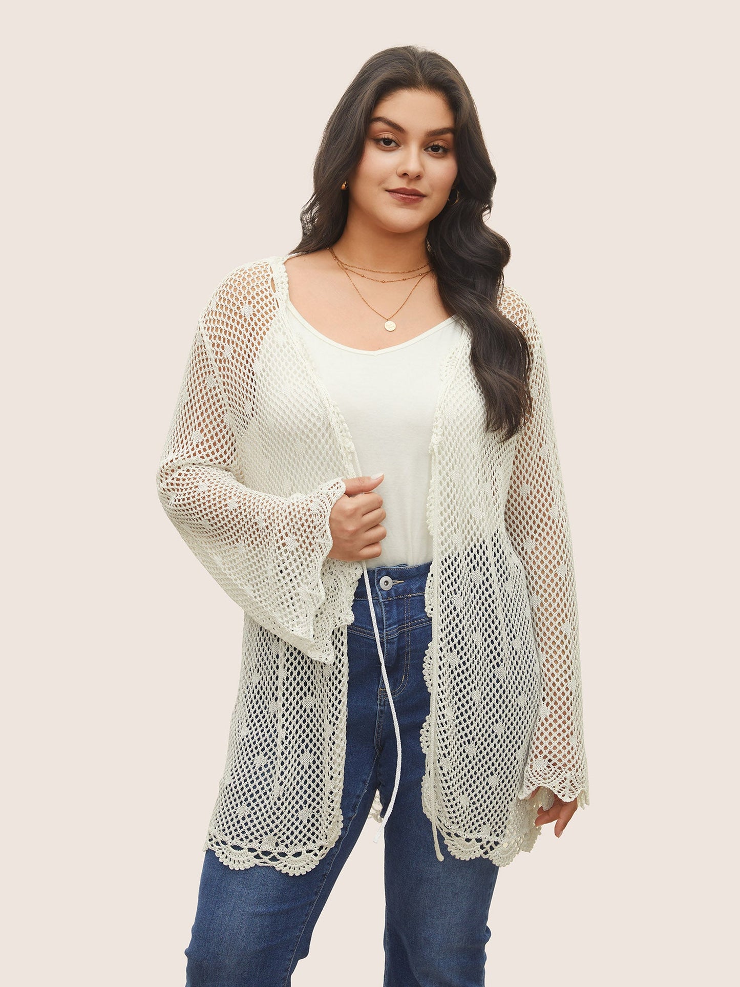 Pointelle Knit Ties Lace Panel Bell Sleeve Cardigan