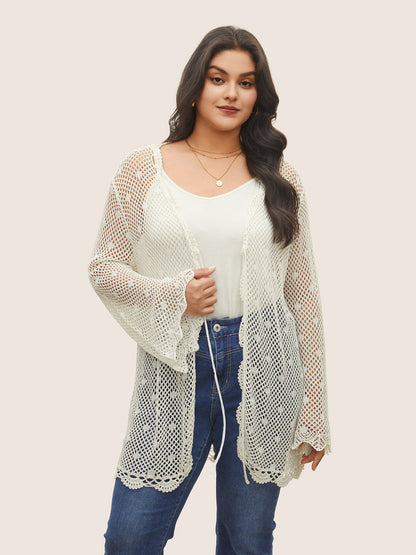 Pointelle Knit Ties Lace Panel Bell Sleeve Cardigan