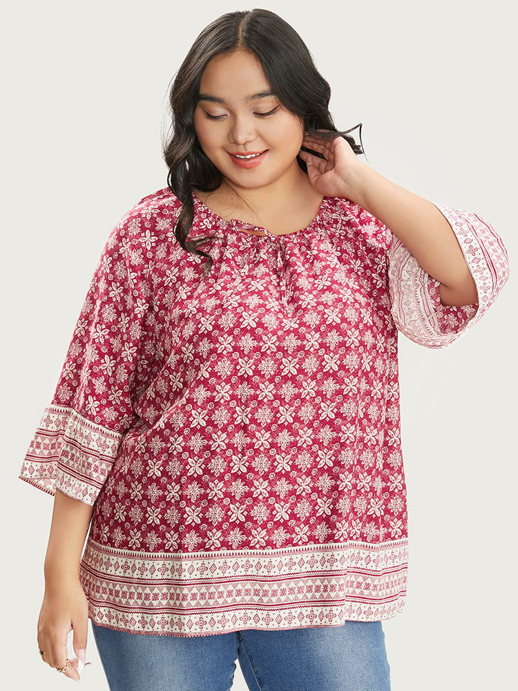 Floral Print Bell Sleeve Knotted Round Neck Blouse