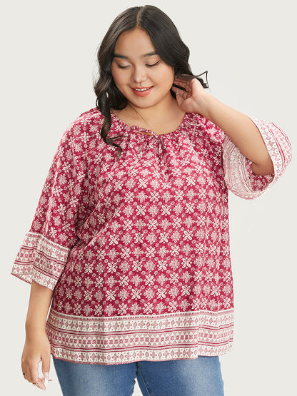Floral Print Bell Sleeve Knotted Round Neck Blouse