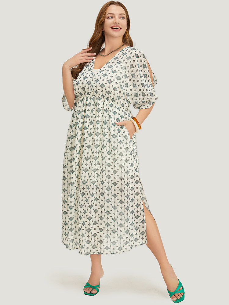 Bandana Dolman Sleeve Pocket Cold Shoulder Split Dress