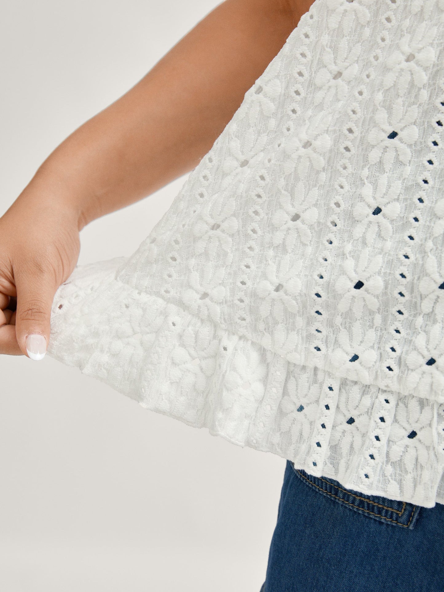 Floral Eyelet Trim Ruffled Hem Top