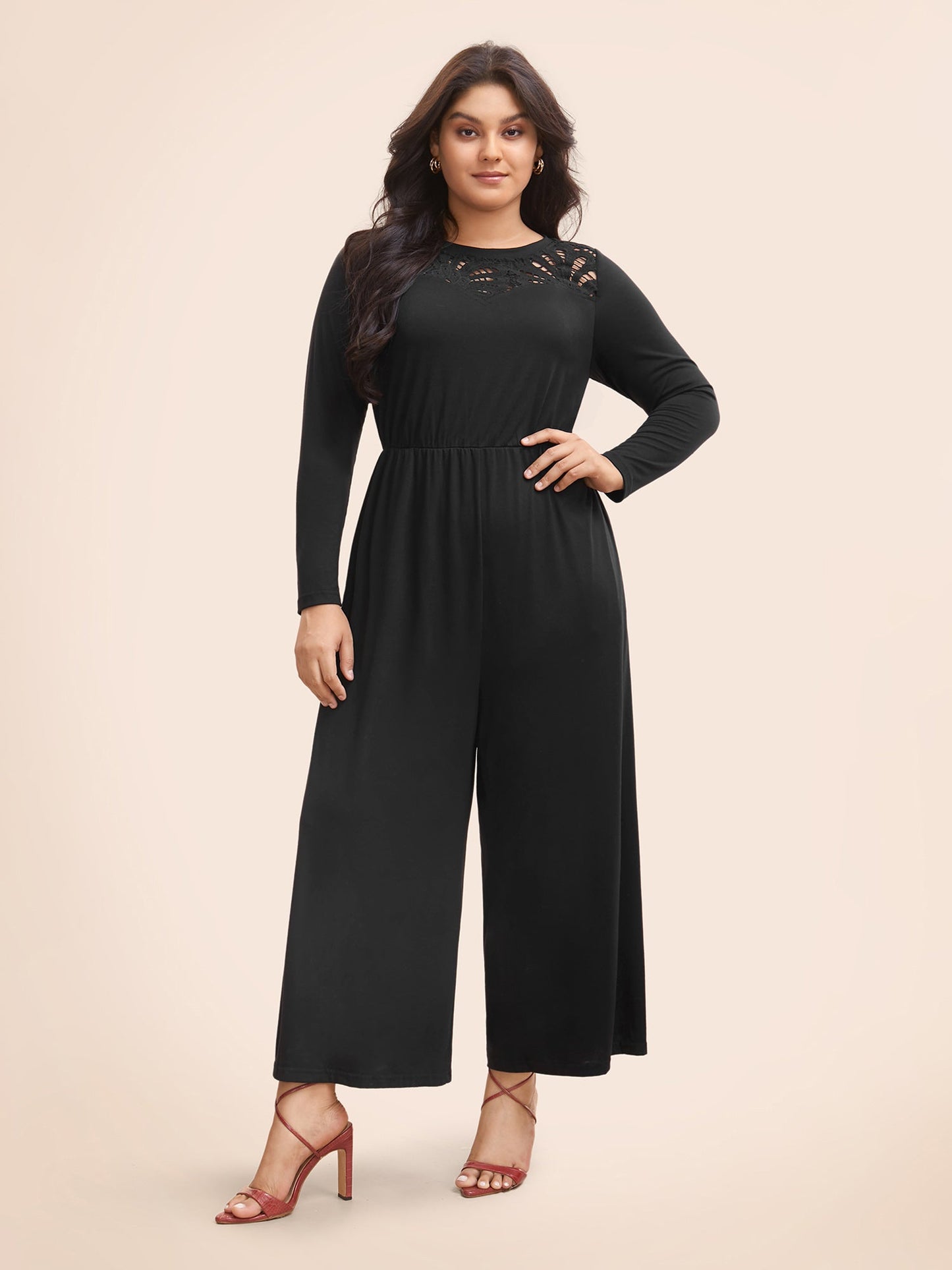 Crew Neck Crochet Lace Cut Out Jumpsuit