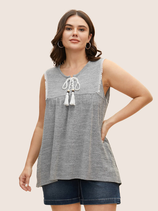 Textured Lace Up Tassel Pompom Trim Tank Top
