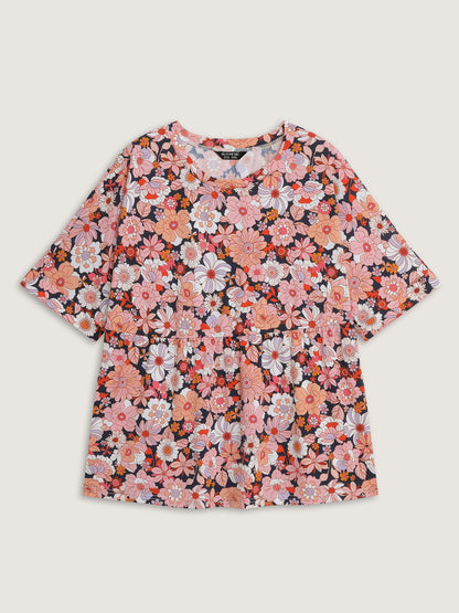 Floral Print Stretchy Waist Babydoll Top
