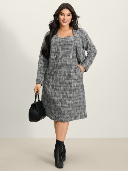 Tweed Sweetheart Neck Cinched-Waist Midi Dress