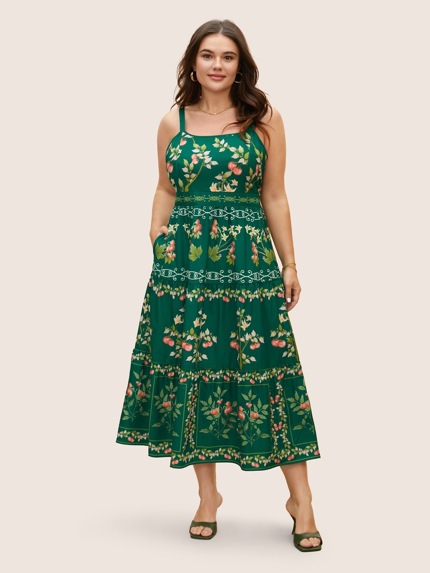 Tomato Print Ruffle Layered Hem Cami Dress