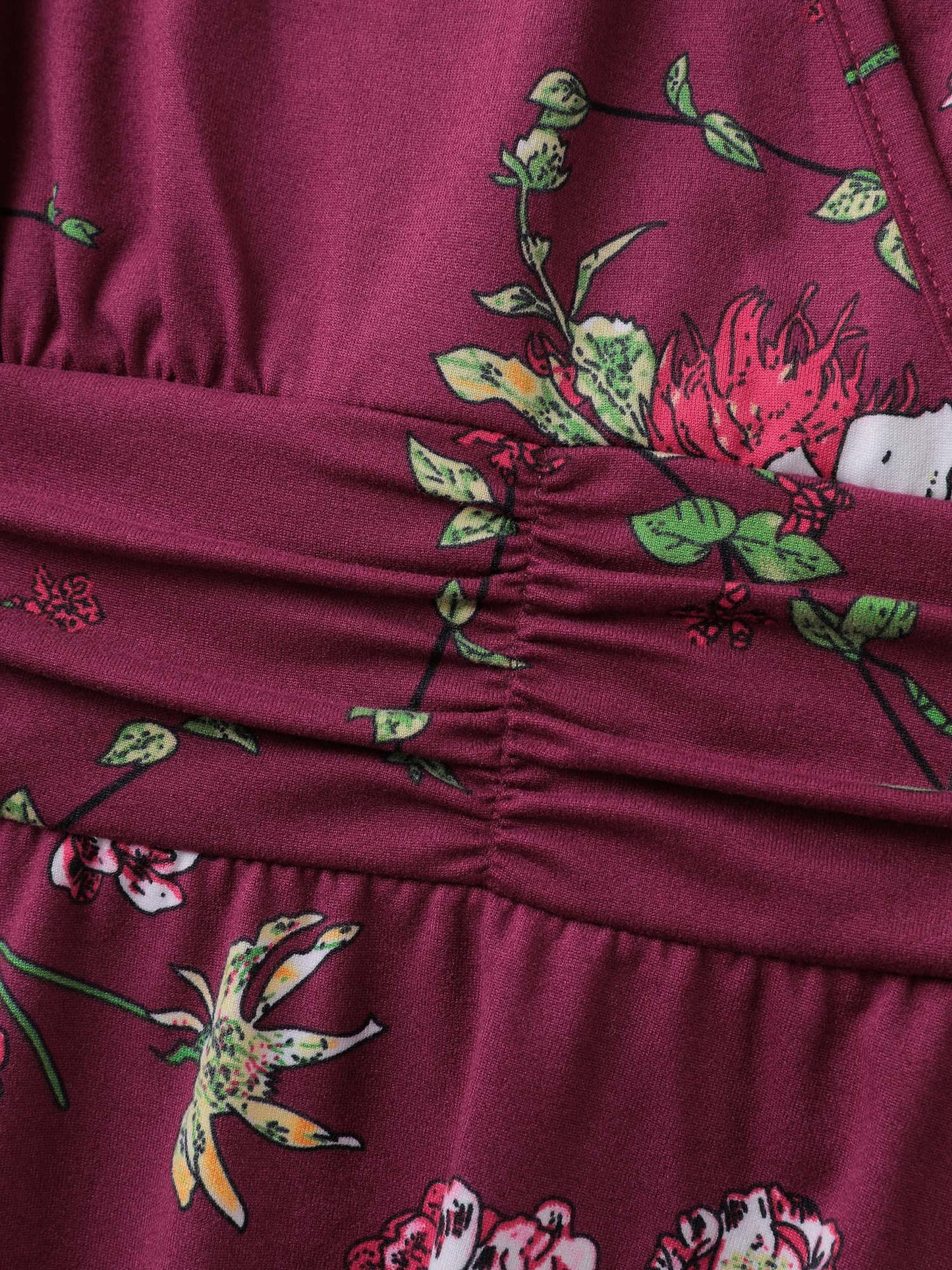 Floral Pleated Waist Stretchy Knit Top