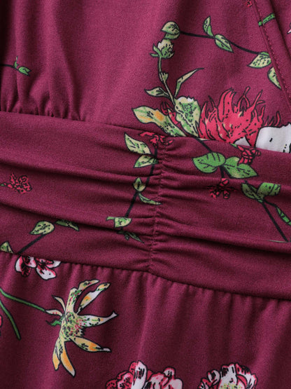 Floral Pleated Waist Stretchy Knit Top