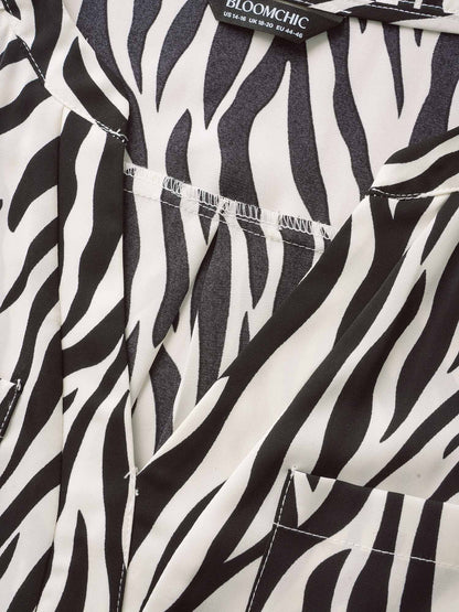 Zebra Print Notched Patched Pocket Blouse