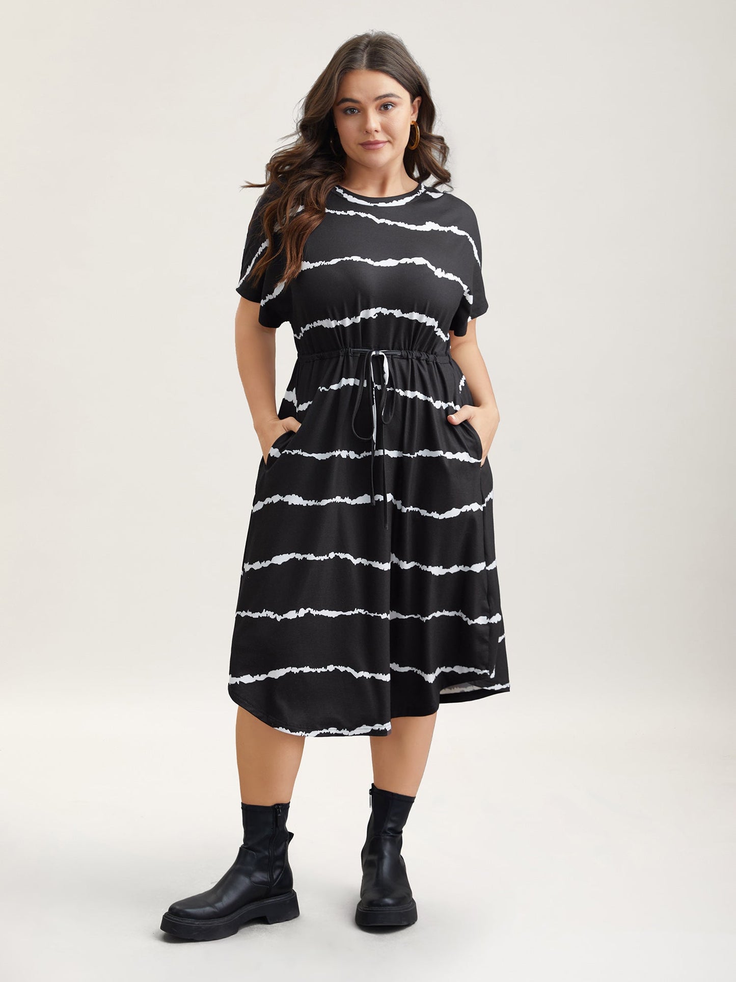 Striped Waist-Tie Dolman Sleeve Midi Dress