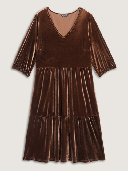 Velvet V-Neck Cinched-Waist Midi Dress