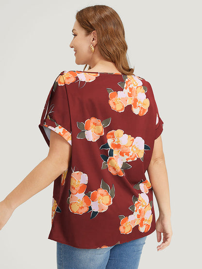 Floral Printed Roll Tab Sleeve Blouse