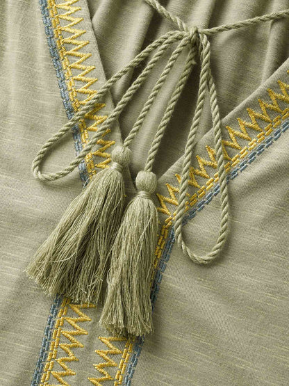 Embroidered Tie Knot Tassels Gathered T-shirt