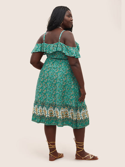 Bandana Ruffles Belted Cold Shoulder Dress