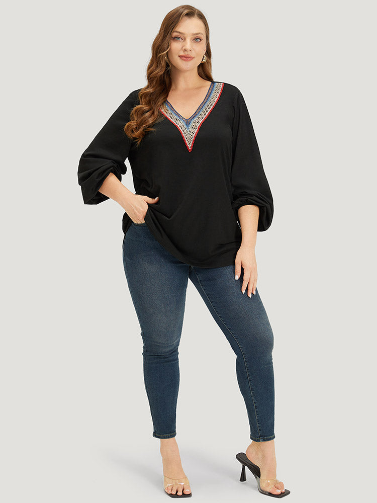 Contrast Webbing V Neck Elastic cuffs T-shirt