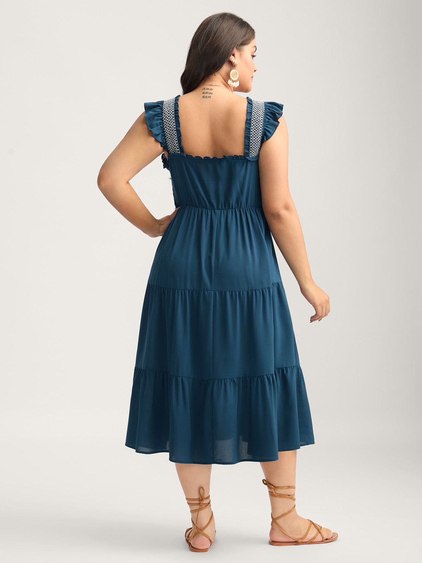 Fancy Shirred Flutter Tiered Pockets Midi Dress