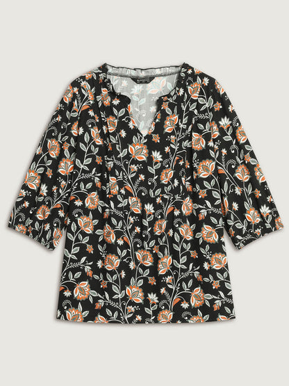 Floral Toothpick Pleats Flowy Blouse