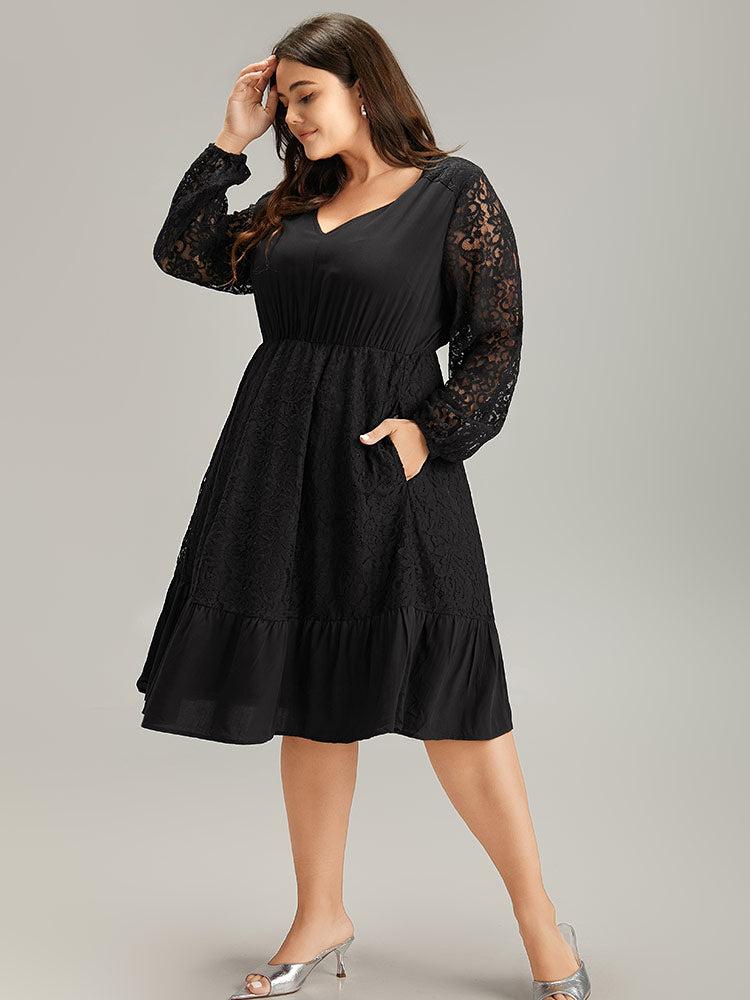 Lace Panel Mesh Flutter Hem Dress
