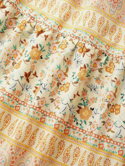 Overlap Collar Boho Print Ruffle Sleeve Dress