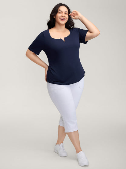 Ribbed High Stretch Split Neck T-Shirt