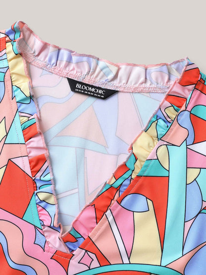 Abstract Pattern Petal Trim V-Neck Blouse