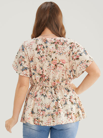 Floral Print Lace Trim Ruffle Hem Petal Sleeve Blouse