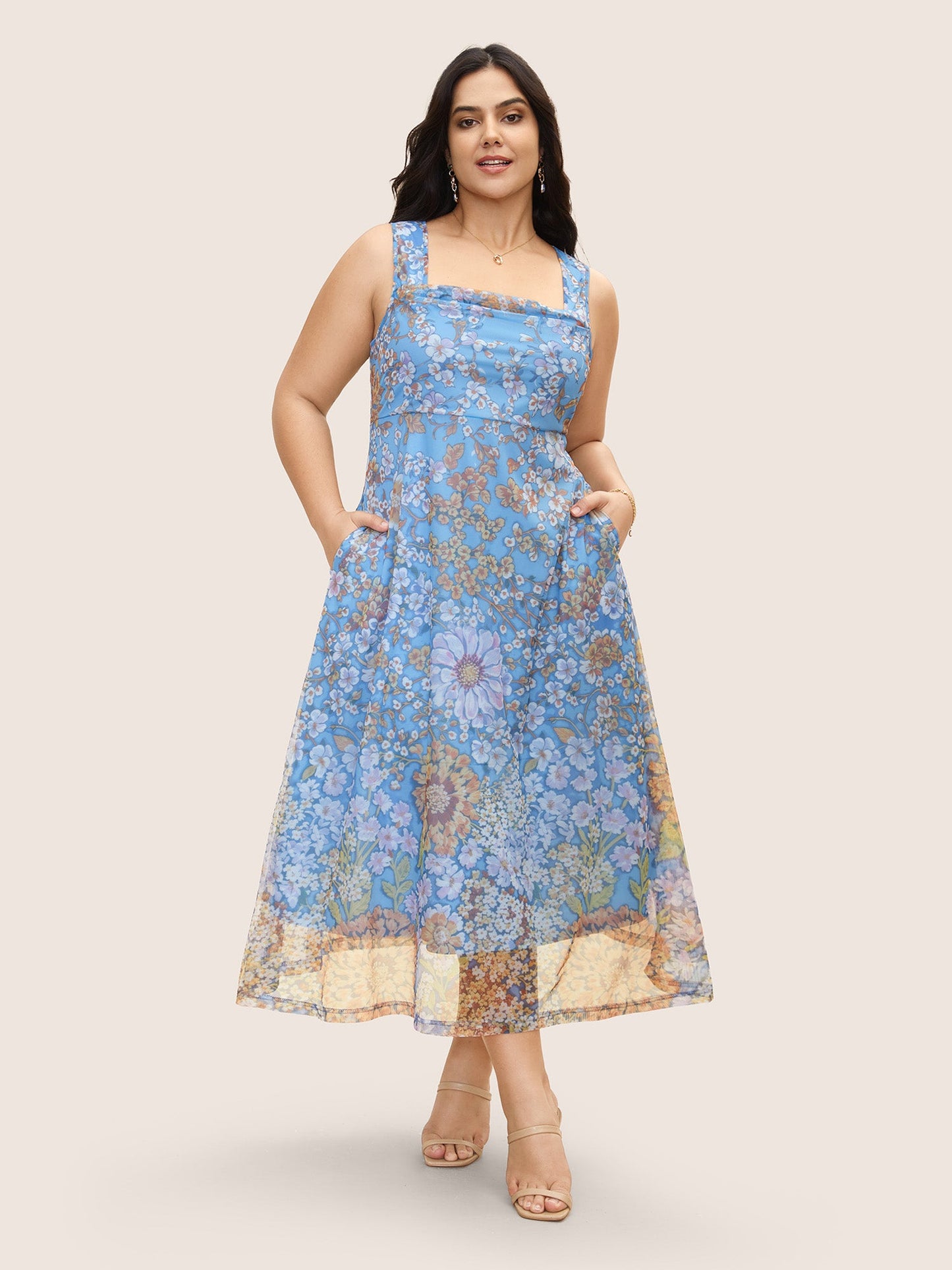 Square Neck Floral Mesh Tank Dress