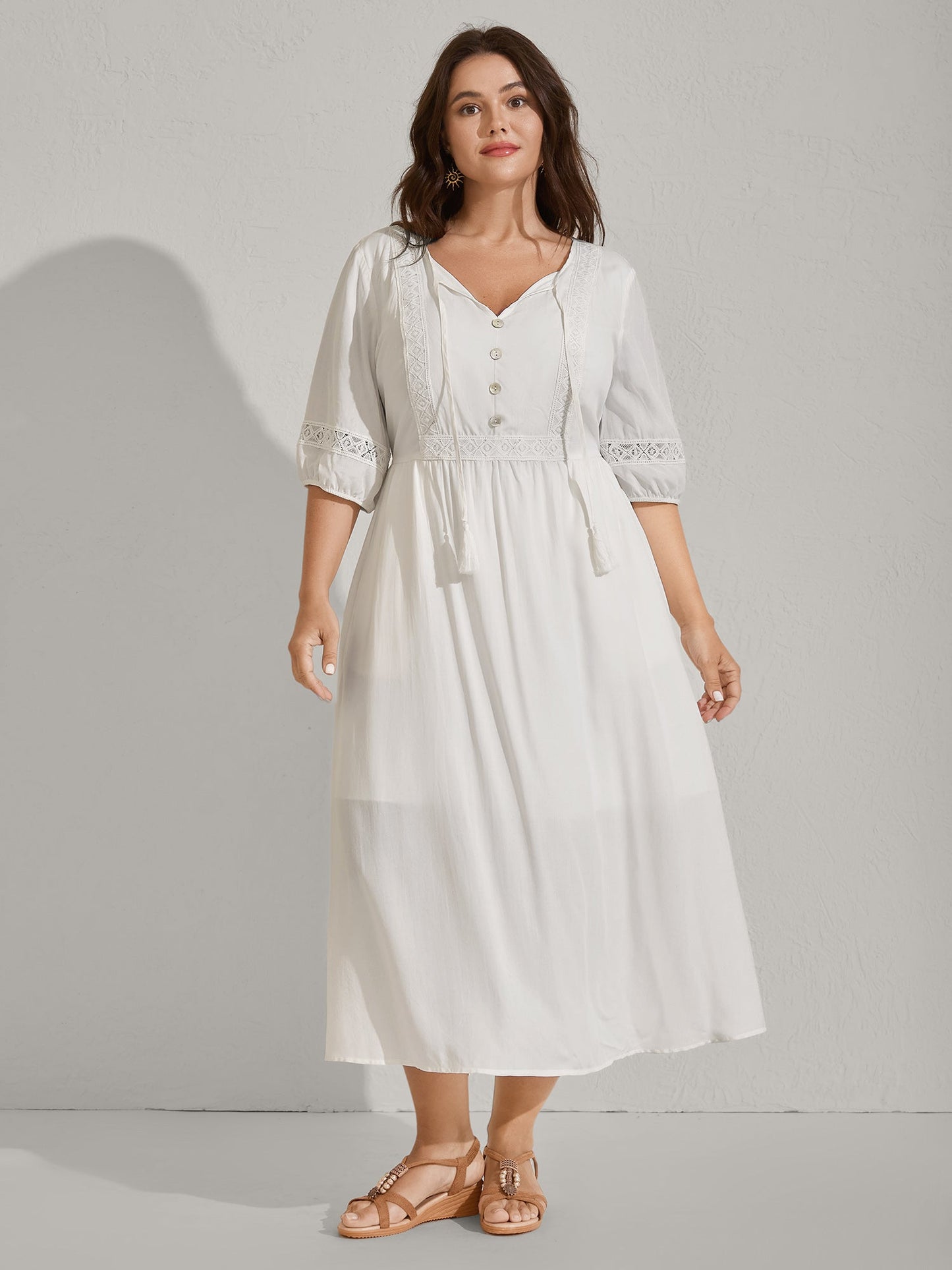 Rayon Lace Trim Cinched-Waist Midi Dress