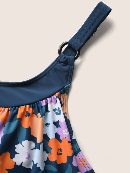 Floral Patchwork Round Buckle Detail Swim Top