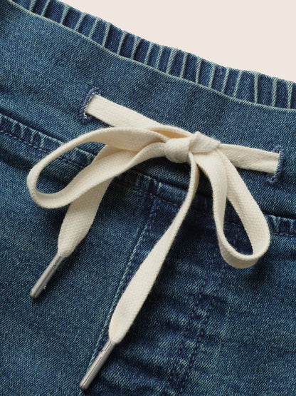 Dark Wash Roll Hem Drawstring Denim Shorts